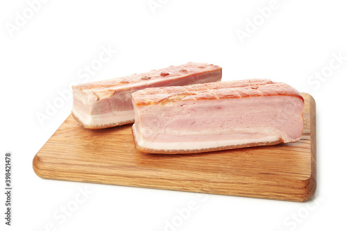 Board with tasty bacon isolated on white background