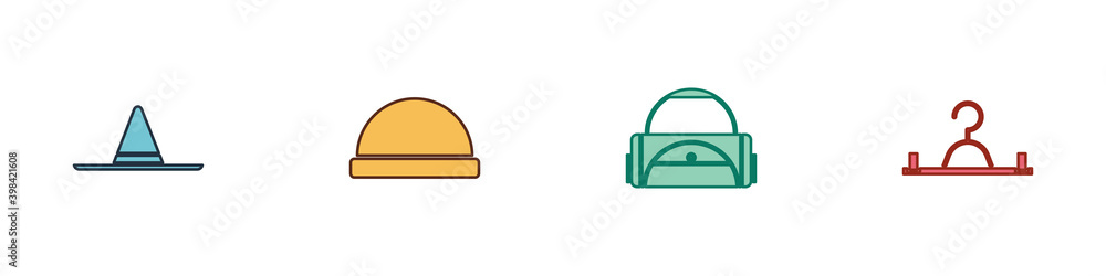 Set Gardener worker hat, Beanie, Sport bag and Hanger wardrobe icon. Vector. Set Gardener worker hat, Beanie, Sport bag and Hanger wardrobe icon. Vector.
