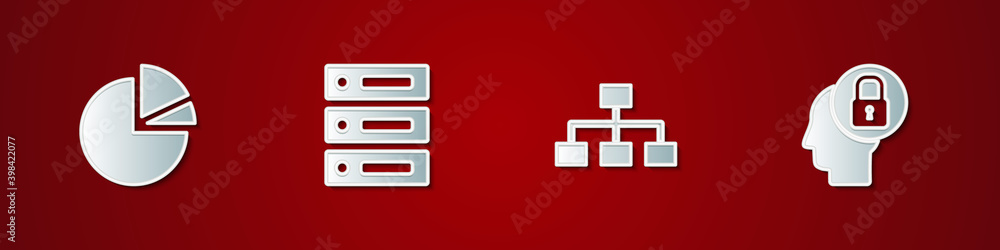 Set Pie chart infographic, Server, Data, Web Hosting, Hierarchy organogram and Human head with lock icon. Vector. Set Pie chart infographic, Server, Data, Web Hosting, Hierarchy organogram and Human head with lock icon. Vector.