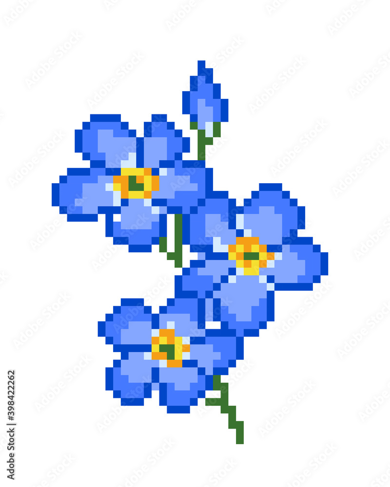 Pixel flax flower image. cross stitch pattern vector illustration.