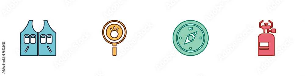 Set Hunting jacket, Paw search, Compass and Camping gas stove icon. Vector. Set Hunting jacket, Paw search, Compass and Camping gas stove icon. Vector.
