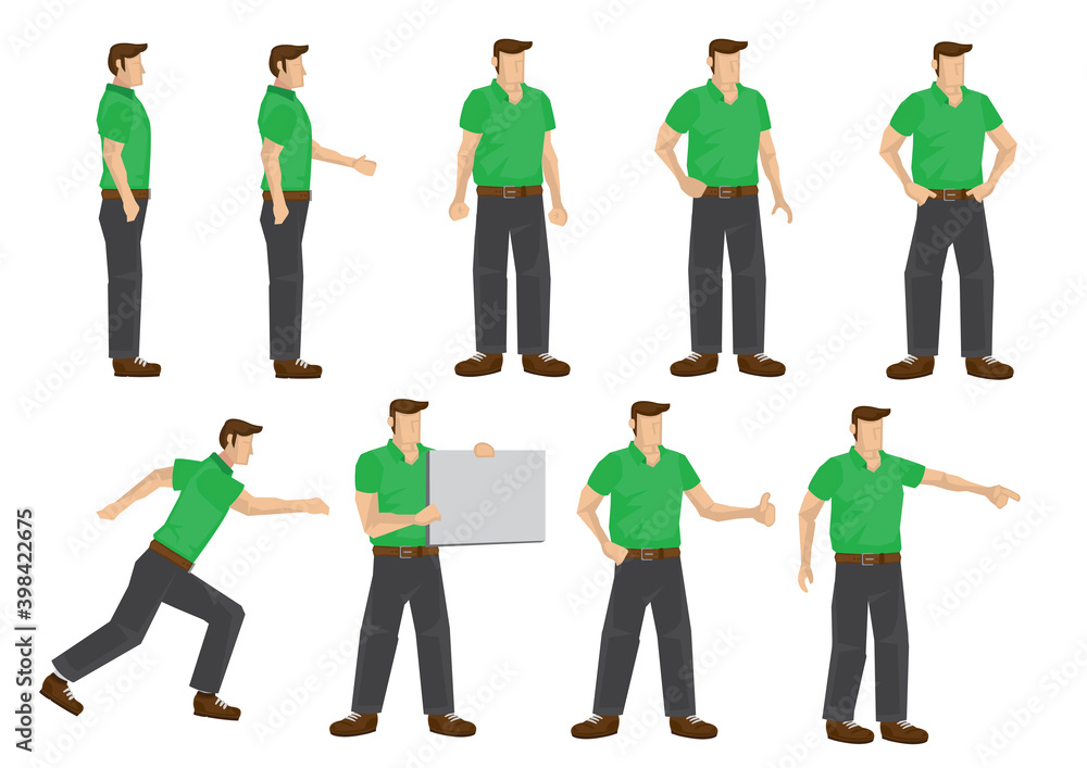 Set of man in green outfit in different poses and action. Isolated vector illustration. Set of man in green outfit in different poses and action. Isolated vector illustration.