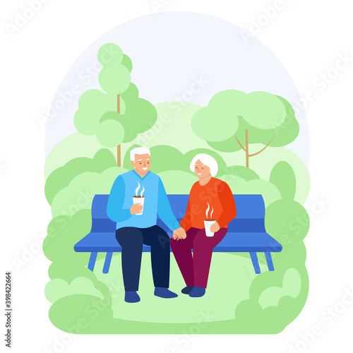 An elderly couple is sitting on a bench in the summer spring , drinking hot drinks. The concept of happy relationships in old age. Vector illustration in flat style.