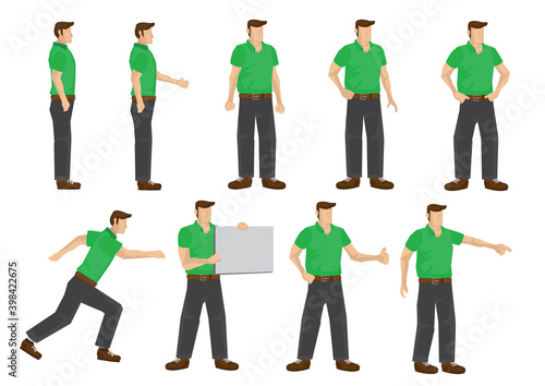 Set of man in green outfit in different poses and action. Isolated vector illustration.