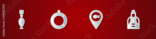 Set Fishing spoon, Lifebuoy, Location fishing and Fisherman icon. Vector.