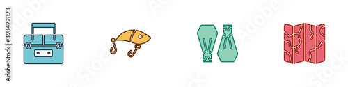Set Case container for wobbler, Fishing lure, Rubber flippers swimming and Folded map icon. Vector.