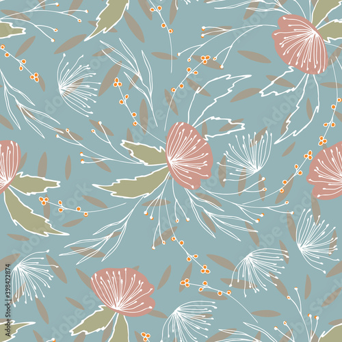 Floral vector seamless pattern with  flowers  berries  leaves and twigs. Beautiful hand drawn bouquets in pastel colors in vintage style.