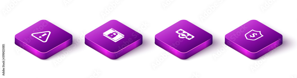 Set Isometric Exclamation mark in triangle, Secure your site with HTTPS, SSL, Password protection and Shield dollar icon. Vector. Set Isometric Exclamation mark in triangle, Secure your site with HTTPS, SSL, Password protection and Shield dollar icon. Vector.