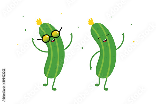 Two cute dancing cartoon style vector cucumber characters, pickles with confetti.

