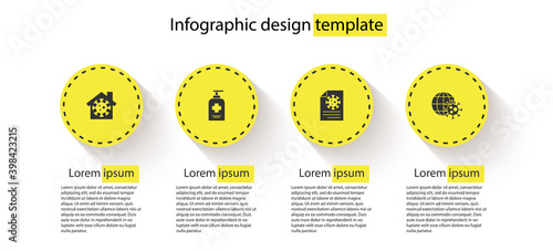 Set Stay home, Liquid antibacterial soap, Clipboard with blood test results and Earth globe virus. Business infographic template. Vector.