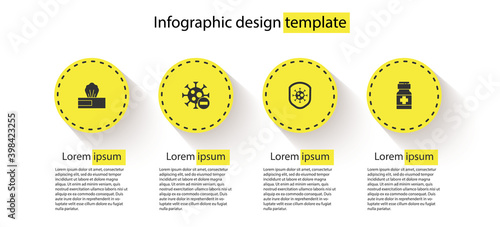 Set Wet wipe pack, Negative virus, Shield protecting from and Medicine bottle and pills. Business infographic template. Vector.