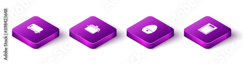 Set Isometric Toaster, Cooking pot, Kitchen timer and Cutting board icon. Vector.