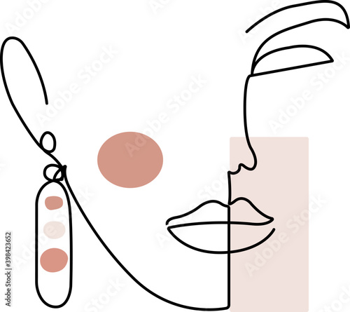 Abstract woman face illustration with minimalist pastel decor. One line drawing.