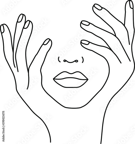Fashion minimalist woman face. Beautiful lips, nose, hands holding fase. One line drawing.