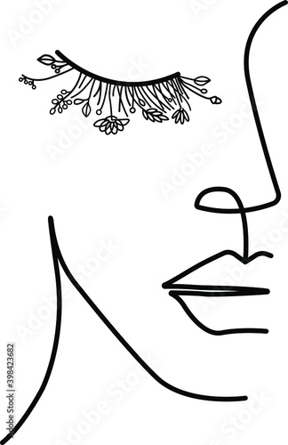 Floral minimal woman face. Art of half face. One line drawing.