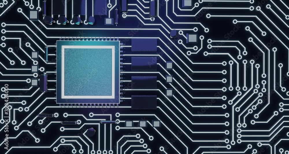 CPU Chip on Motherboard - abstract 3D render of a computer processor chip on a circuit board with microchips and other computer parts CPU Chip on Motherboard - abstract 3D render of a computer processor chip on a circuit board with microchips and other computer parts