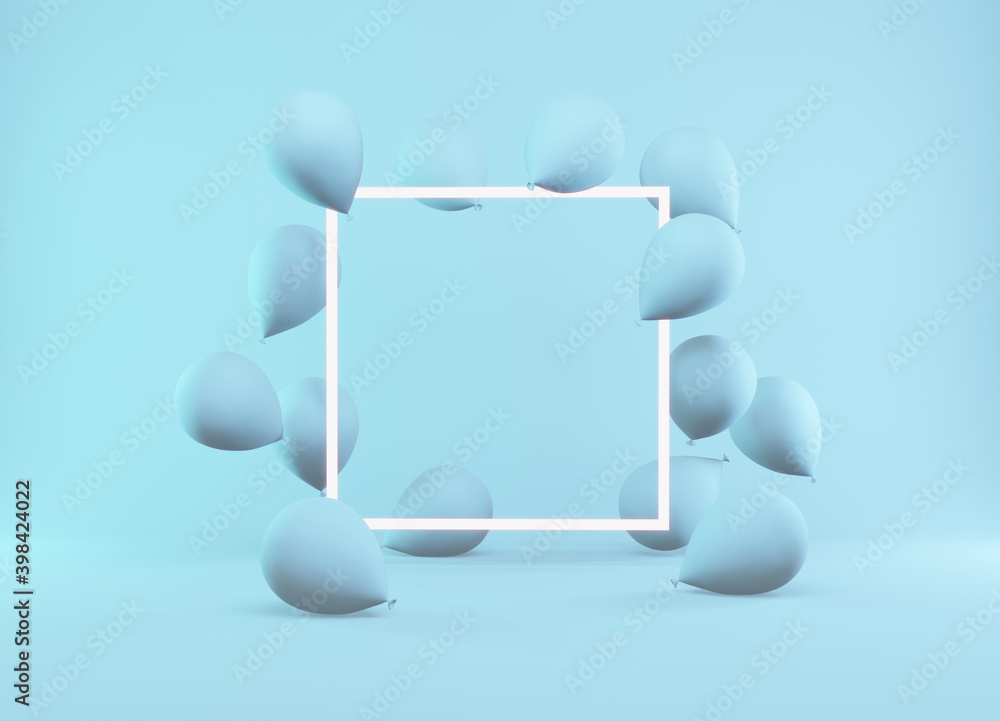Realistic balloons with square frame, place for text. Сoncept for elegant birthday card or sale, luxury abstract backdrop for web and print decoration. 3d illustration Realistic balloons with square frame, place for text. Сoncept for elegant birthday card or sale, luxury abstract backdrop for web and print decoration. 3d illustration