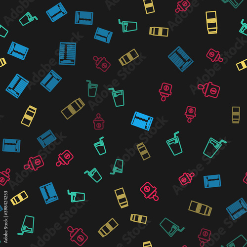 Set line Paper or financial check, Glass with water, package for milk and Information desk on seamless pattern. Vector.