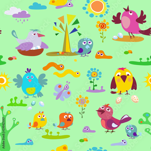 Cheerful  funny birds  pattern. Funny birds picture  good mood graphic  color funny pictures  solid background images  vector  illustration