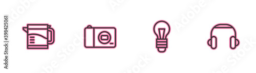 Set line Electric kettle, Light bulb, Photo camera and Headphones icon. Vector.