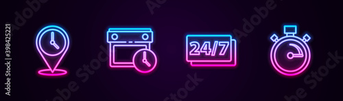 Set line Location with clock, Calendar and, Clock 24 hours and Stopwatch. Glowing neon icon. Vector.