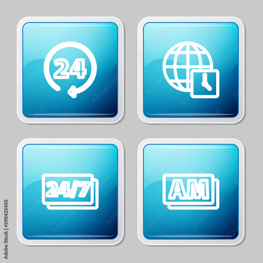 Set line Clock 24 hours, World time, and AM icon. Vector. Set line Clock 24 hours, World time, and AM icon. Vector.