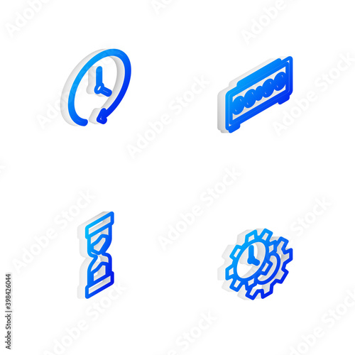 Set Isometric line Digital alarm clock  Clock  Old hourglass and Time Management icon. Vector.