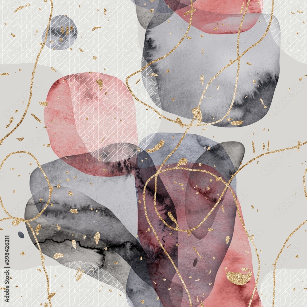 Seamless minimalist abstract watercolor paint and gold blobs shapes ...