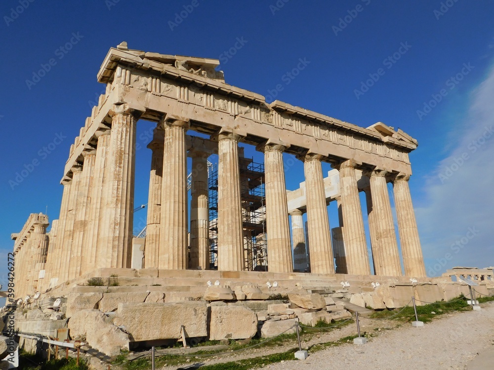 View of the Parthenon, the ancient temple of goddess Athena, in Athens, Greece