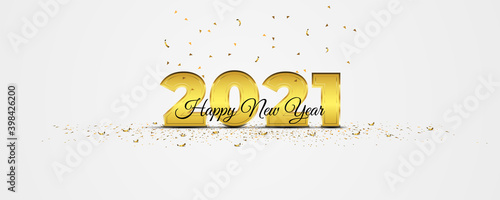 Elegance 2021 New Year banner with golden confetti on white background. Holiday vector illustration. Metallic 2021 gold numerals with crumbs strewn on the floor. Scattered confetti.