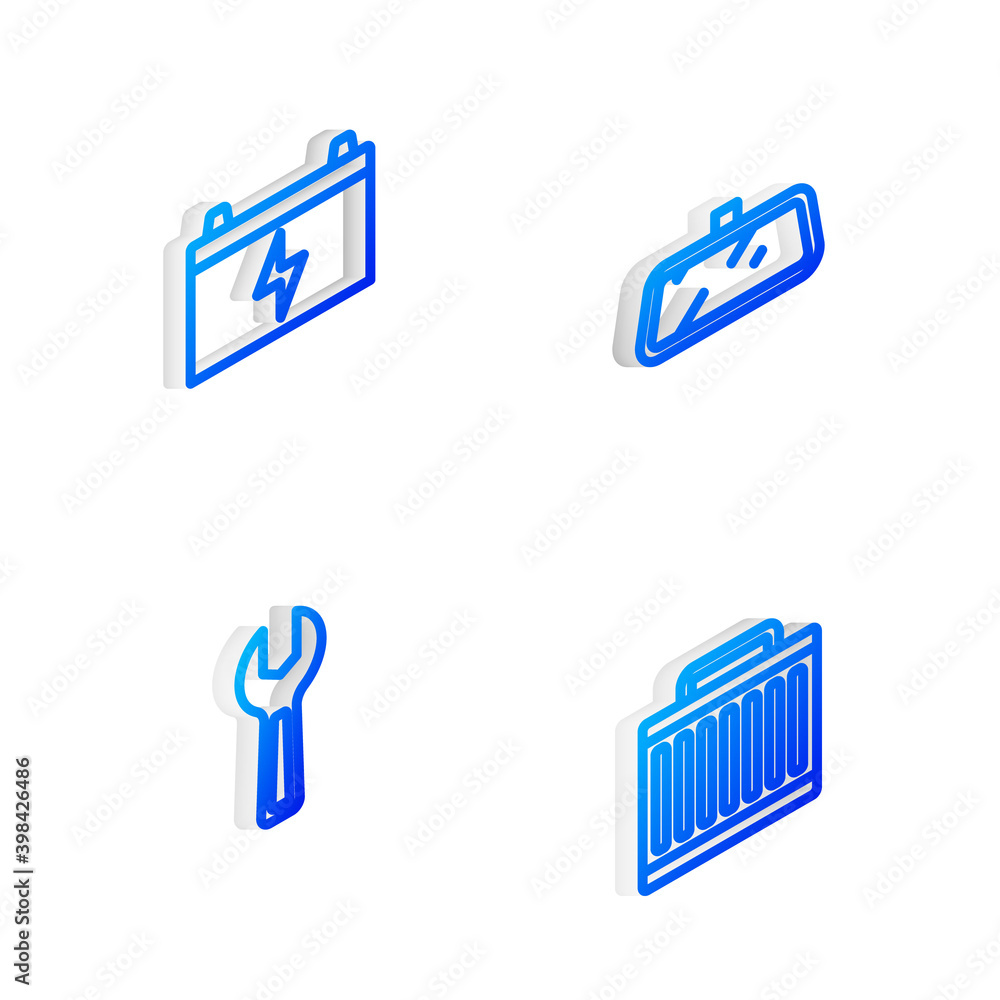 Set Isometric line Car mirror, battery, Wrench spanner and radiator cooling system icon. Vector. Set Isometric line Car mirror, battery, Wrench spanner and radiator cooling system icon. Vector.