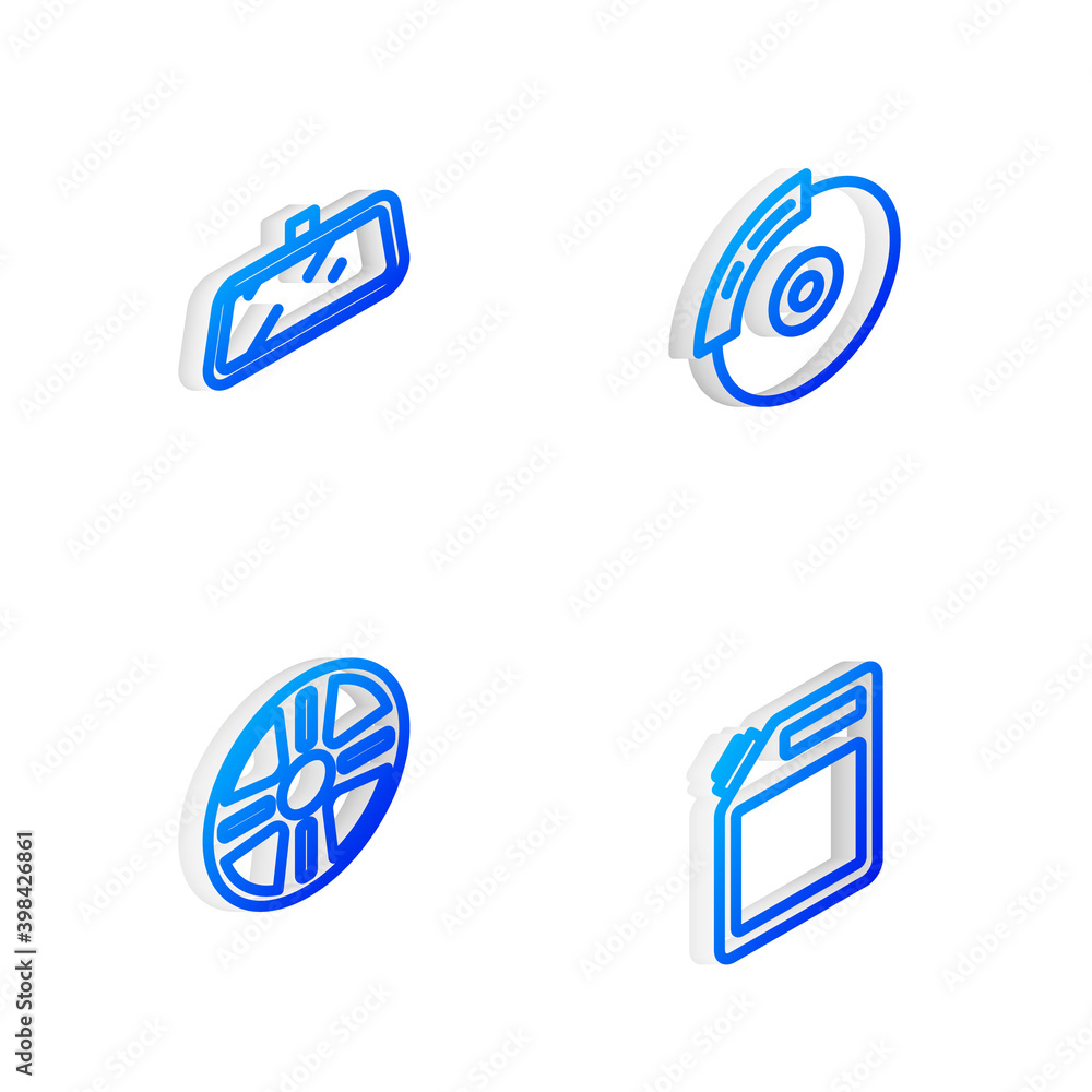 Set Isometric line Car brake disk with caliper, mirror, Alloy wheel and Canister for gasoline icon. Vector. Set Isometric line Car brake disk with caliper, mirror, Alloy wheel and Canister for gasoline icon. Vector.