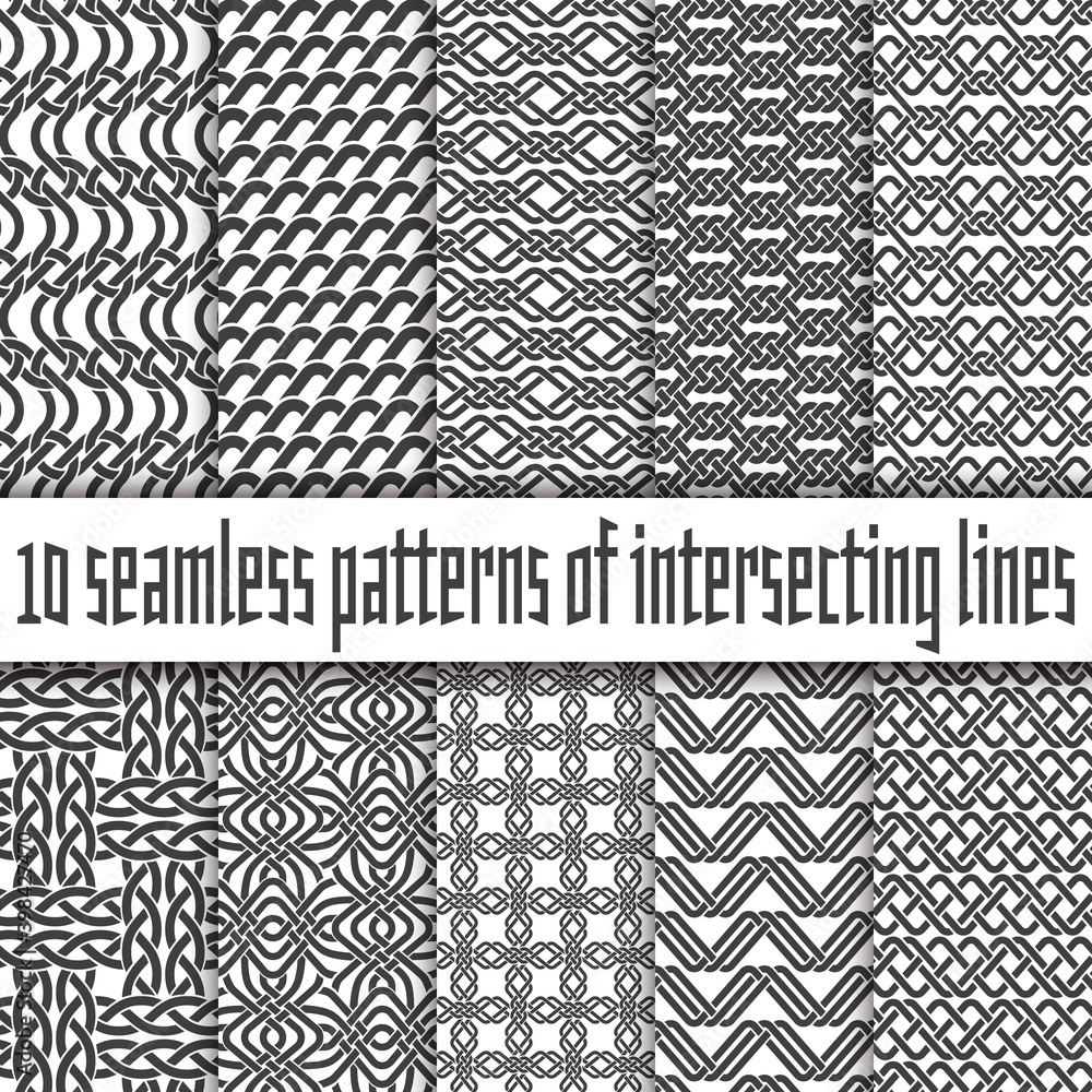 Vector set of abstract seamless patterns. Ten swatches of white lines on black backgrounds.