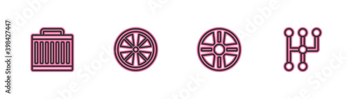 Set line Car radiator cooling system, Alloy wheel, and Gear shifter icon. Vector.