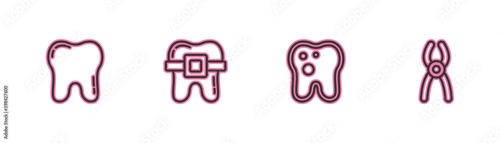 Set line Tooth, with caries, Teeth braces and Dental pliers icon. Vector. Set line Tooth, with caries, Teeth braces and Dental pliers icon. Vector.