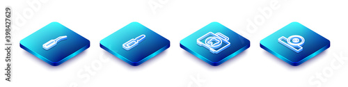 Set Isometric line Dental explorer scaler, Painkiller tablet, First aid kit and Otolaryngological head reflector icon. Vector.
