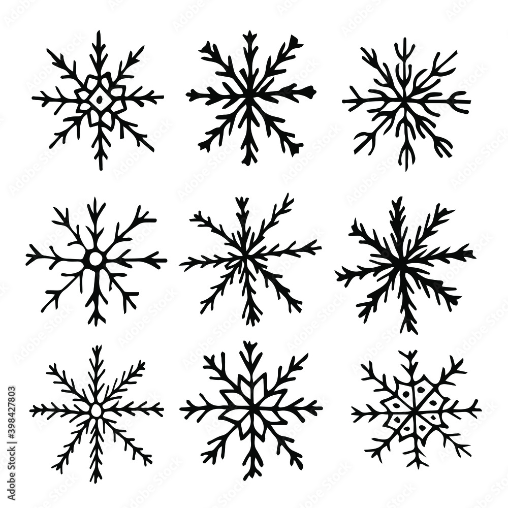 Set of doodle snowflakes. Hand drawn crystal snowflakes on white background. Big set for decor, wrapping paper, icons.