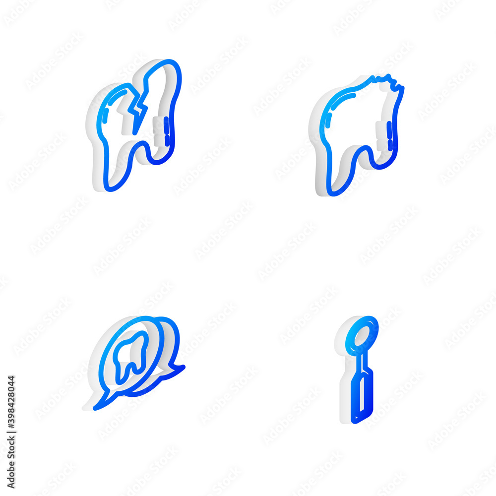 Set Isometric line Broken tooth, , Tooth and Dental inspection mirror icon. Vector. Set Isometric line Broken tooth, , Tooth and Dental inspection mirror icon. Vector.