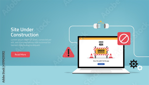 Landing page template of site is under construction concept. Maintenance error symbol vector illustration