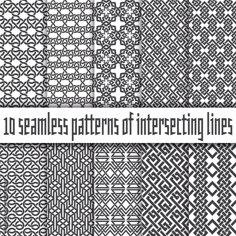 Vector set of abstract seamless patterns. Ten swatches of black lines ...