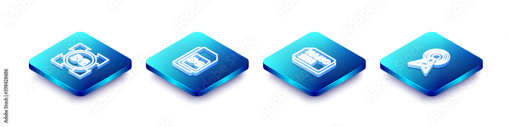 Set Isometric line 5G network, Sim Card, Nano and Antenna icon. Vector. Set Isometric line 5G network, Sim Card, Nano and Antenna icon. Vector.