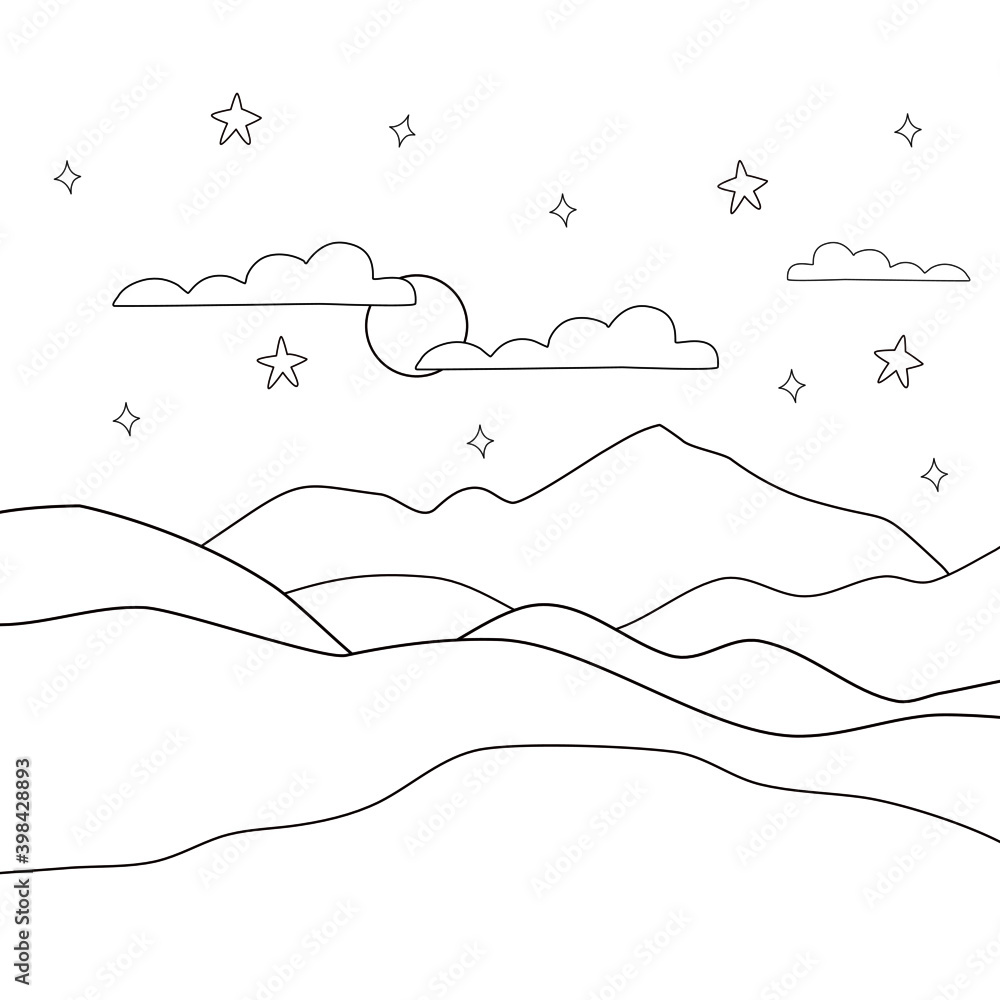 coloring page,view of mountain at night.
