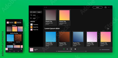 Responsive music player design. Spotify desctop interface. Profile, Album, Song, Playlist mockup. Web and mobile screen. Social media network. Vector illustration. photo