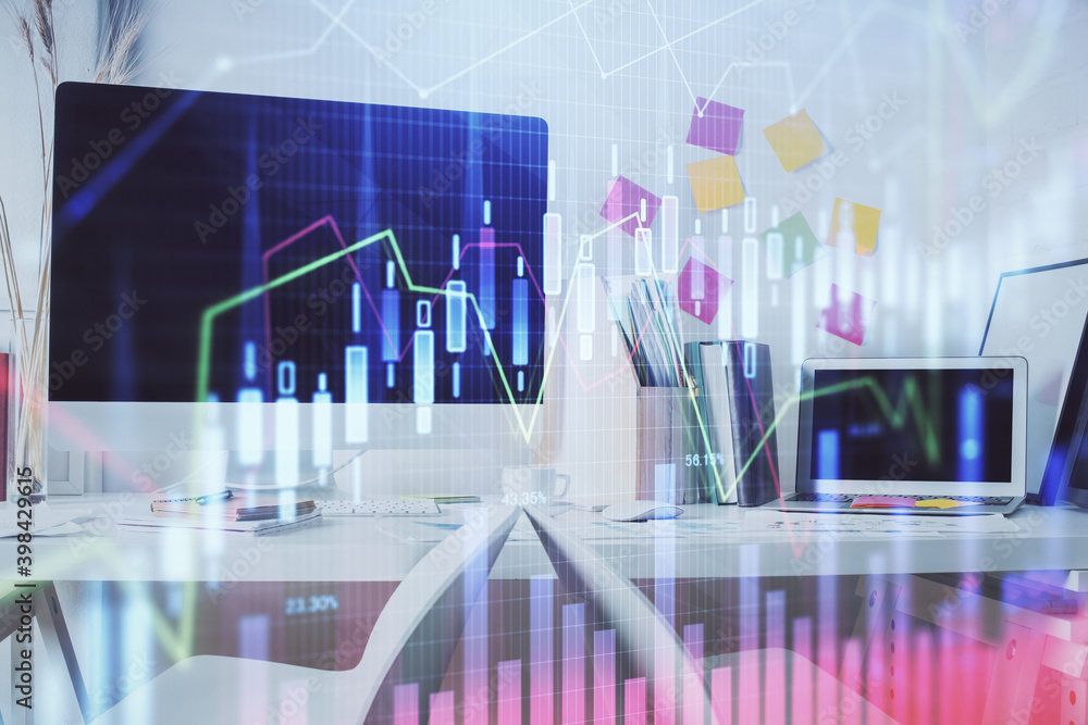 Double exposure of financial graph drawing and office interior background. Concept of stock market. Double exposure of financial graph drawing and office interior background. Concept of stock market.