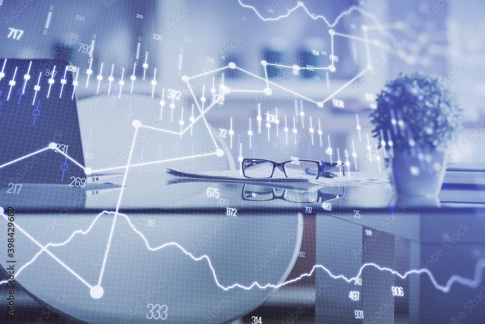 Double exposure of financial graph drawing and office interior background. Concept of stock market. Double exposure of financial graph drawing and office interior background. Concept of stock market.
