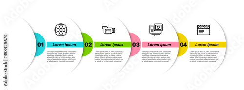 Set line Film reel, Cinema camera, Action extreme and Movie clapper. Business infographic template. Vector.