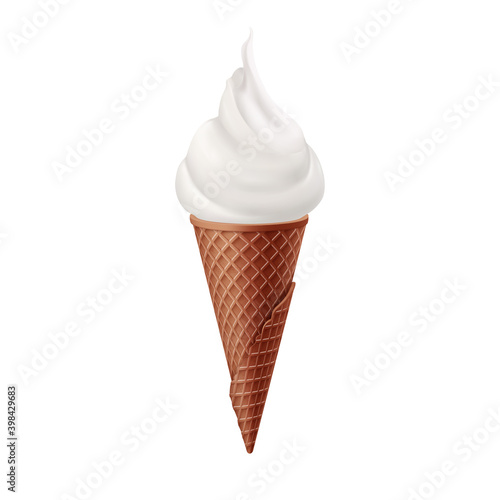 Soft Ice Cream in Brown Waffle Cone. Street Fast Food, Sweet Milky Dessert Creative illustration Isolated on White Backdrop