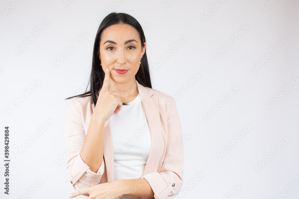 Young beautiful business woman isolated background confuse and wondering about question. Uncertain with doubt, thinking with fingers on face. Pensive concept. Young beautiful business woman isolated background confuse and wondering about question. Uncertain with doubt, thinking with fingers on face. Pensive concept.