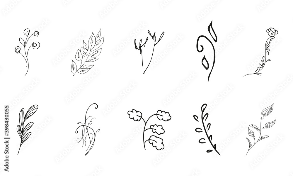 Doodle simple vector collection of 10 hand-drawn floral elements. Big collection of 10 hand-drawn branches. Big floral botanical set. Isolated on white background. Doodle simple vector collection of 10 hand-drawn floral elements. Big collection of 10 hand-drawn branches. Big floral botanical set. Isolated on white background.
