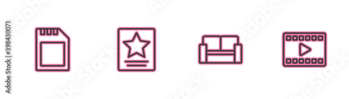 Set line SD card, Cinema chair, Hollywood walk of fame star and Play Video icon. Vector.